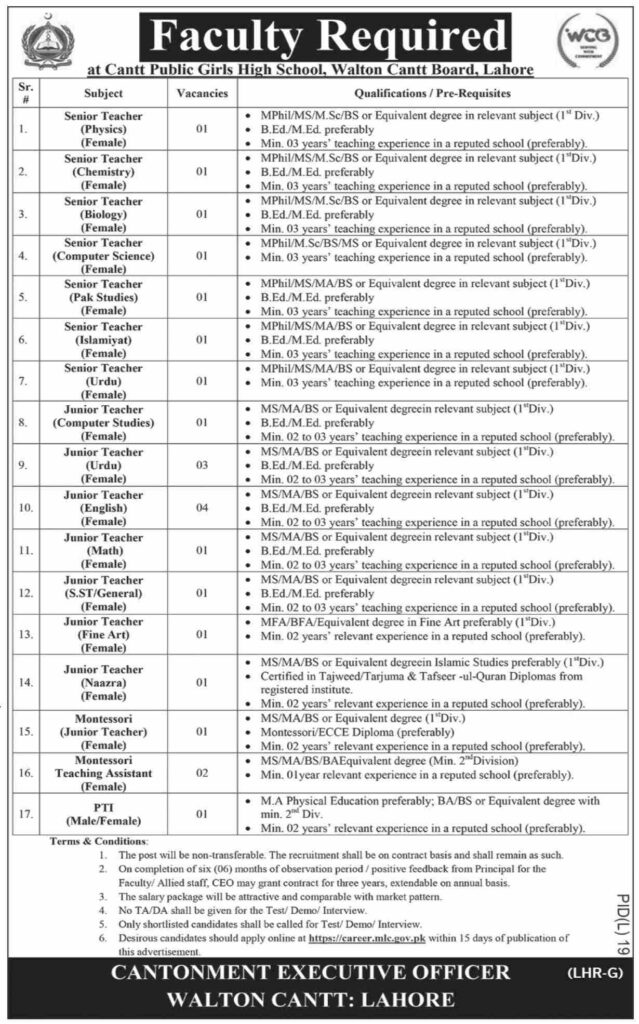 Cantt Public Girls High School Jobs 2024 -Teacher Jobs in Lahore for Female - Online Apply