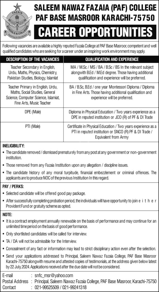 Teacher Jobs PAF Faizaia School & Colleges - PAF Jobs 2024