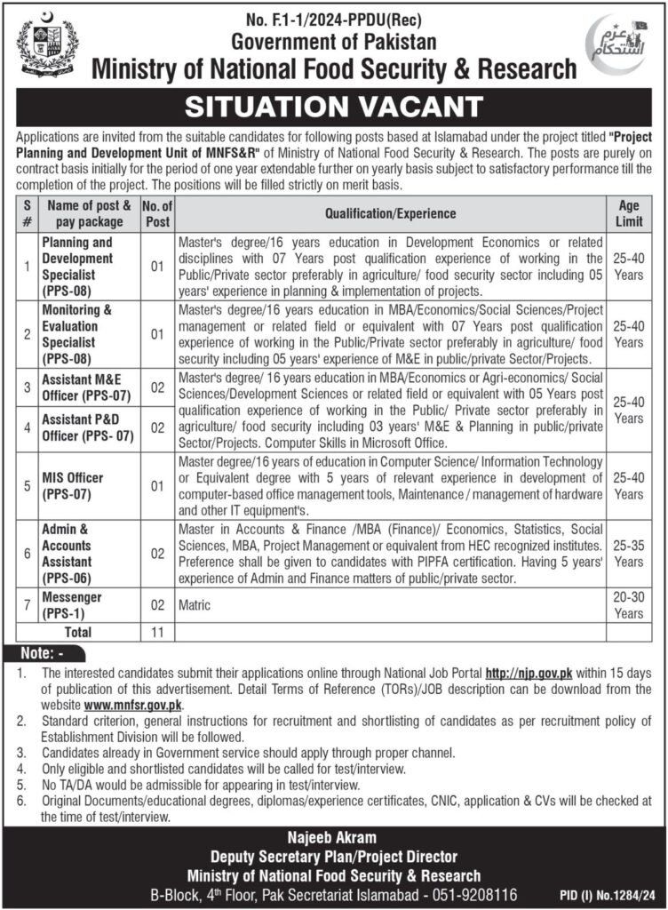 Ministry of National Food Security and Research Jobs 2024 - Online Apply