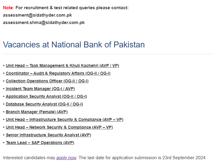 National Bank of Pakistan Jobs 2024
