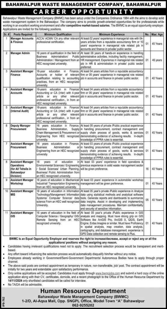 Bahawalpur Waste Management Company (BWMC) Jobs 2024