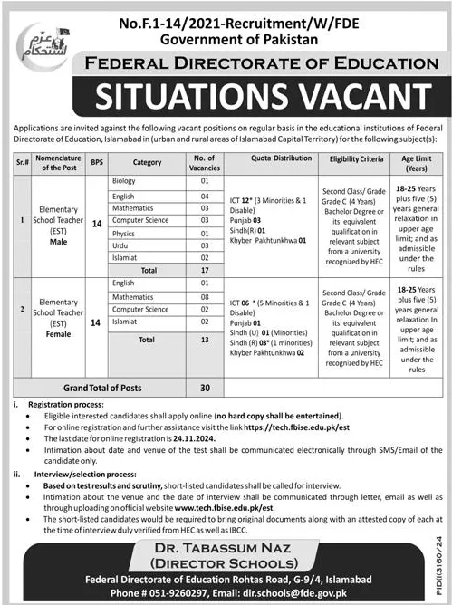 Federal Diractorate of Education EST Teachers Jobs 2024