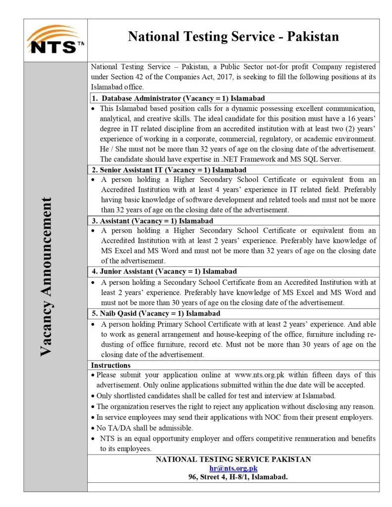 National Testing Service NTS Jobs 2024