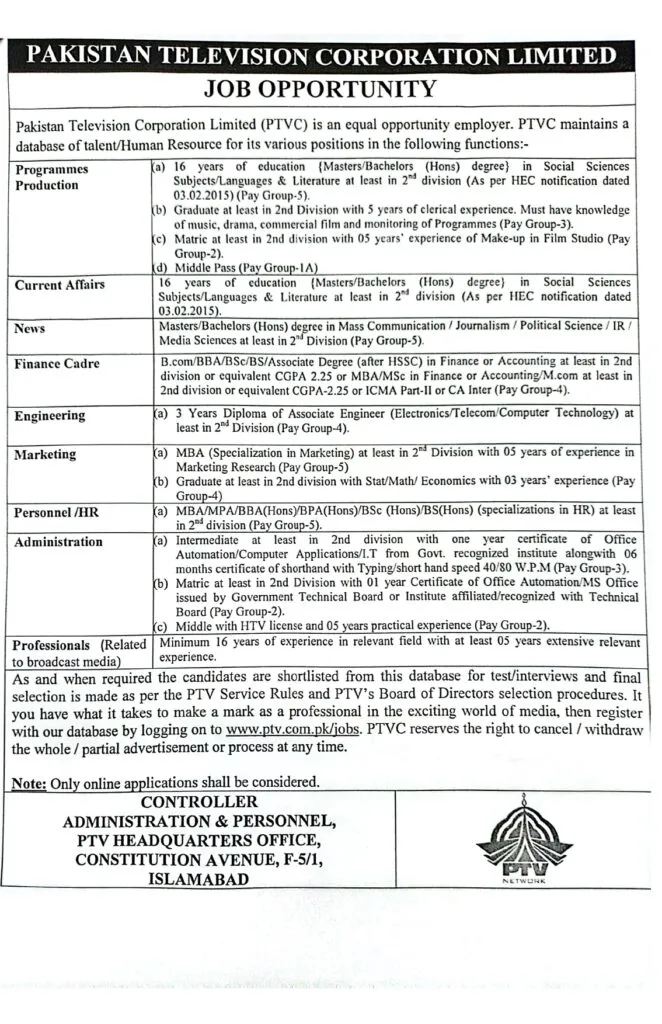 Pakistan Television Corporation Limited PTVC Jobs