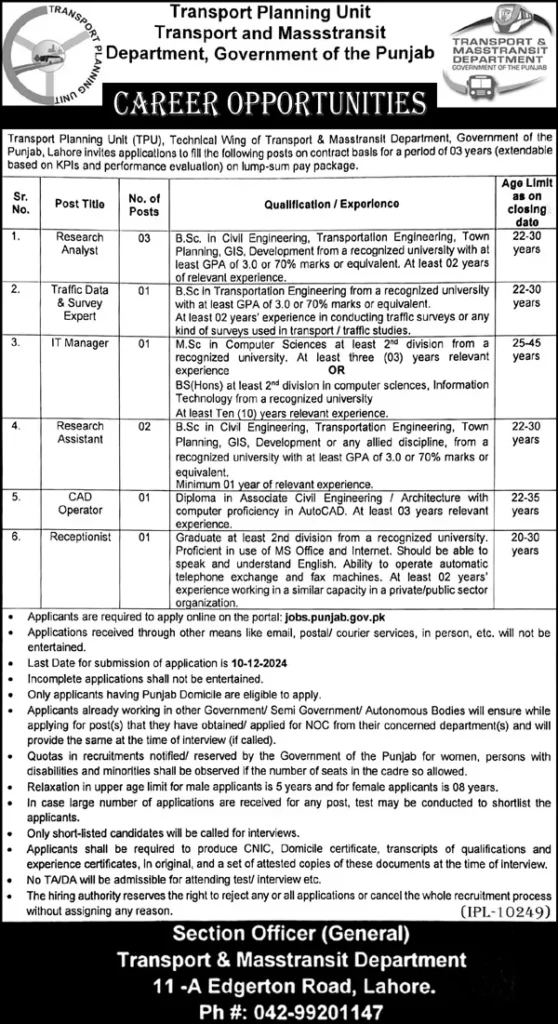 Transport and Masstransit Department Lahore Jobs
