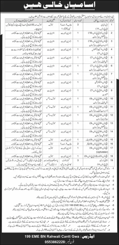 Pakistan Army 199 EME BN Rahwali Cantt Jobs