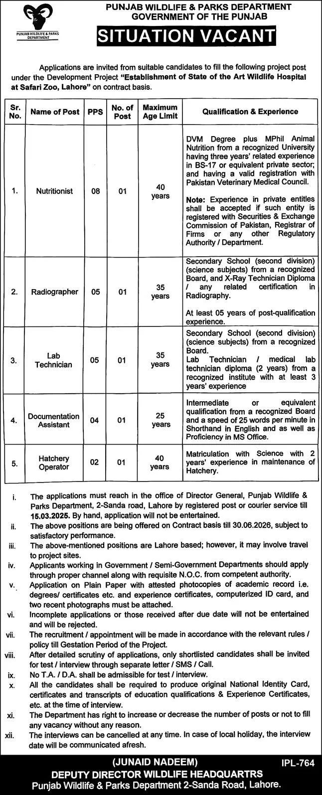 Punjab Wildlife and Parks Department Jobs 2025