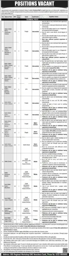 605 Regional Workshop EME Nowshera Cantt Jobs 2025