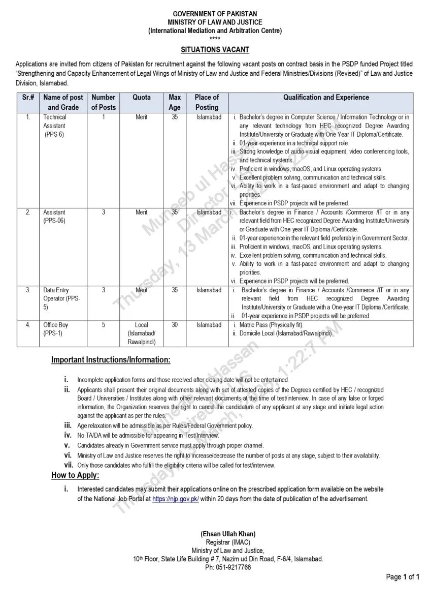 Ministry of Law and Justice Jobs 2025