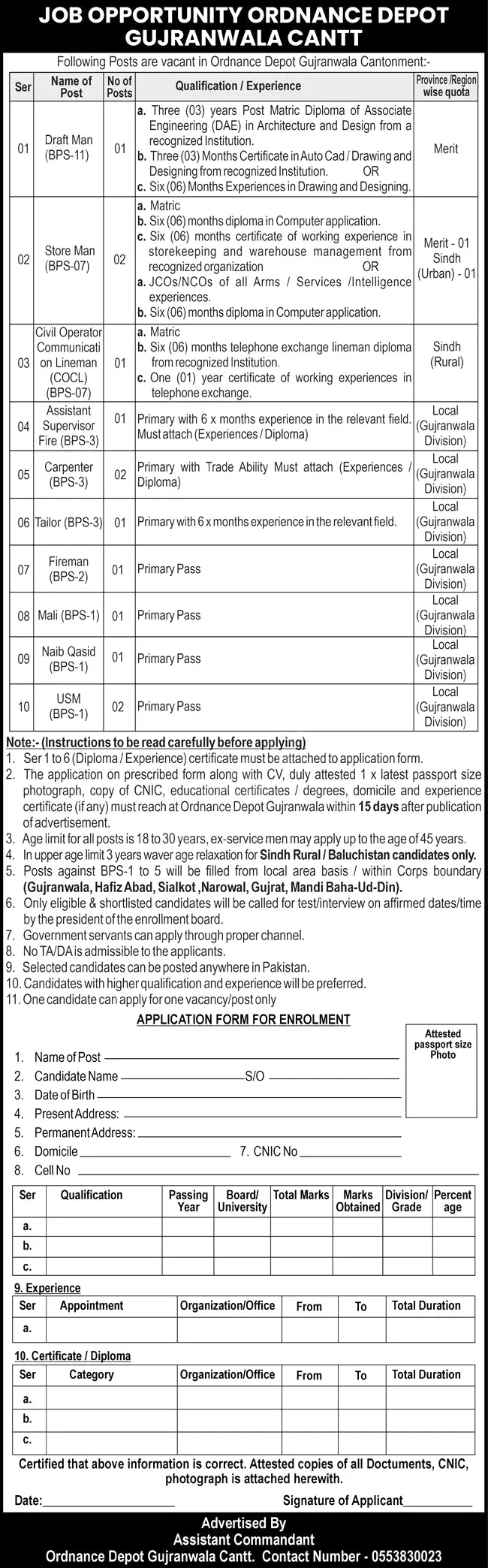Pakistan Army Ordnance Depot Gujranwala Jobs 2025