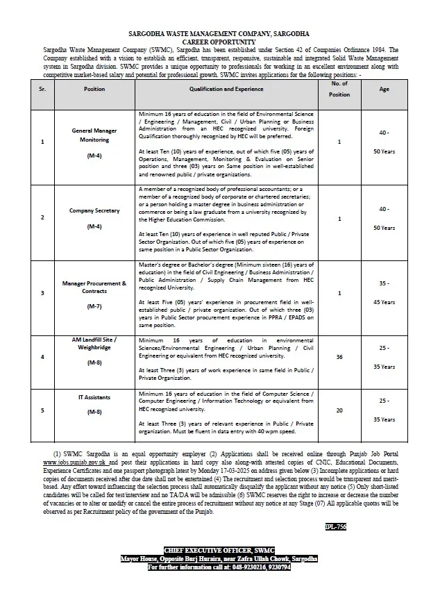 Sargodha Waste Management Company Jobs