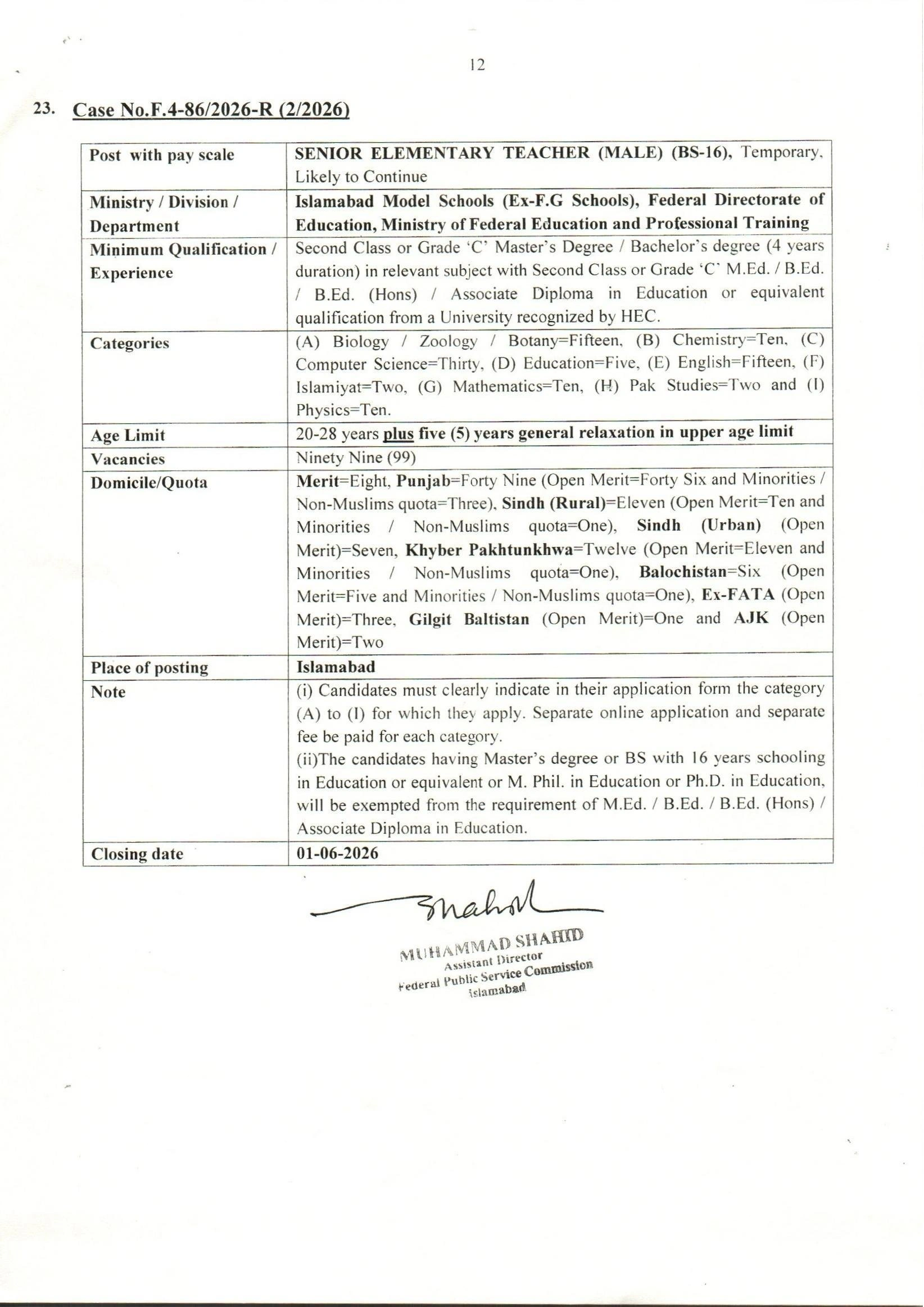 FPSC Elementary School Teachers Jobs 2026