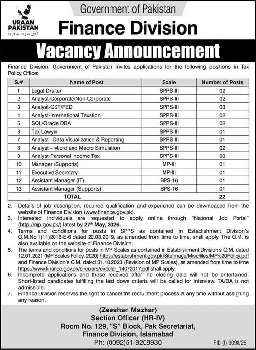 Finance Division Jobs 2026 Government of Pakistan